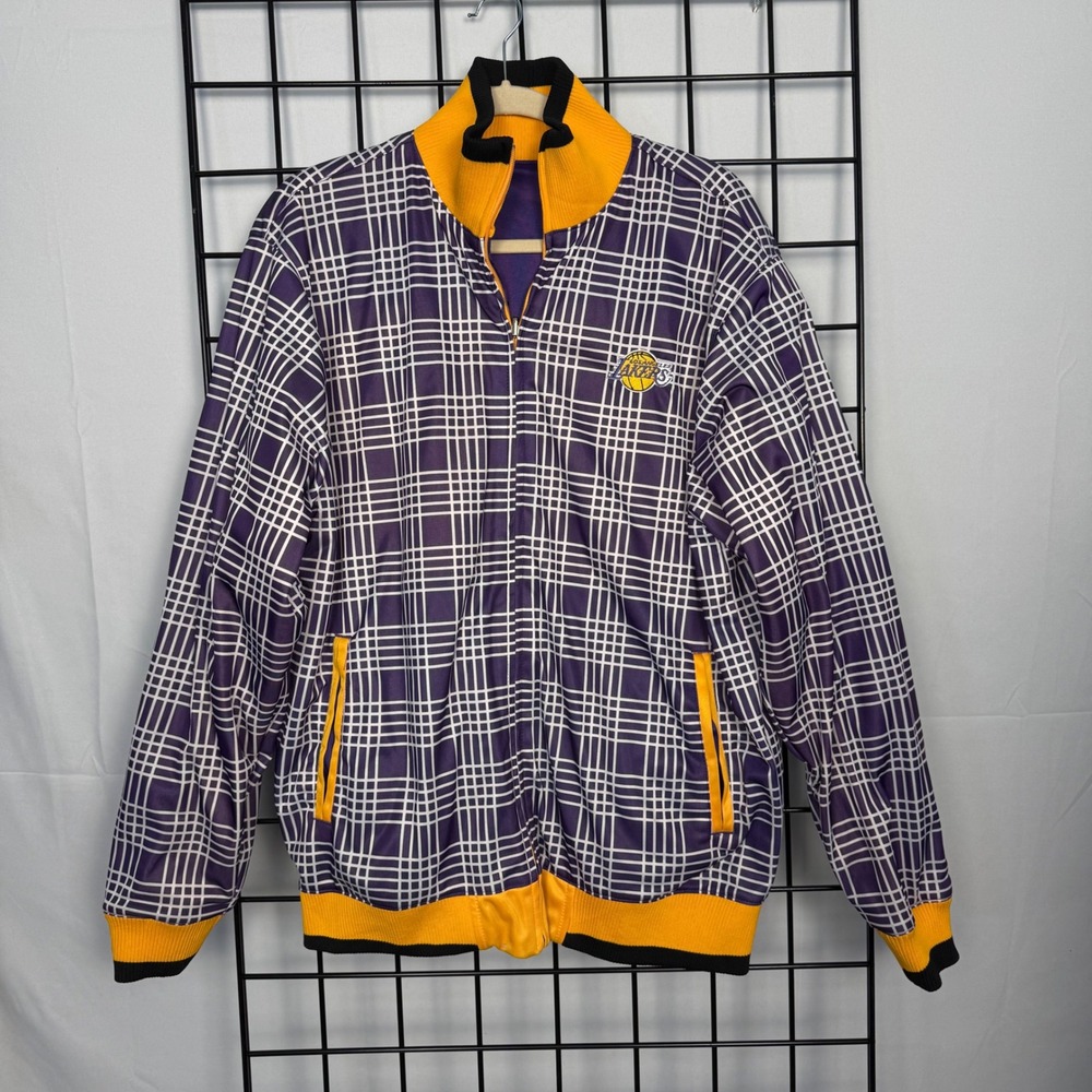 UNK NBA Lakers Track Jacket Mens Large Purple Gold Reversible Plaid Full Zip